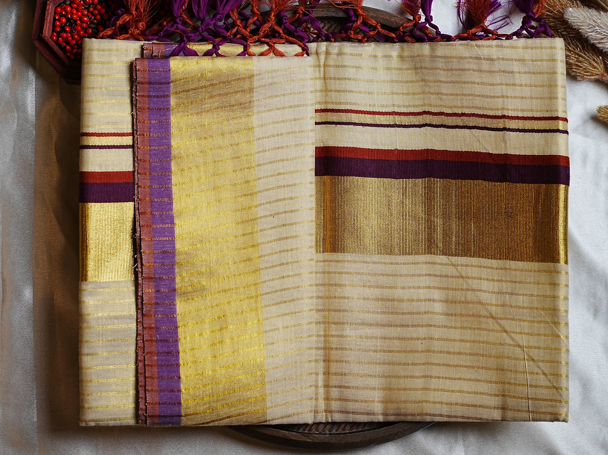 🍇 Wine, Rust & Gold Horizontal Striped Border: Premium Tissue Kerala Saree ✨ - SAROYA